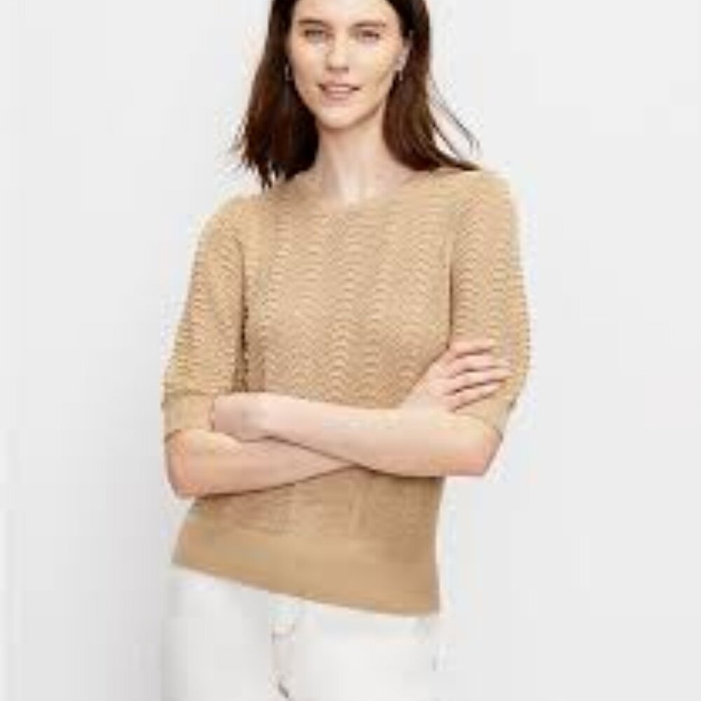 Loft Womens Beige Pointelle Puff Sleeve Knit Sweater Tee Size Medium